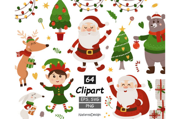 Christmas Animals Graphics: Santa Clipart Illustrations